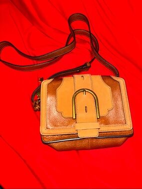 Fossil Two-Tone Tan and Brown Leather Crossbody with Brass Buckle